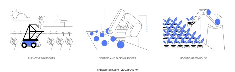 Abstraktes Konzept für die Landwirtschaft, Vektorgrafik-Set. Autonome Phänotypisierungsmaschine, Entwicklung neuer Sorten, Sortier- und Packroboter, abstrakte Robotermetapher mit robotischem Treibhaussystem.