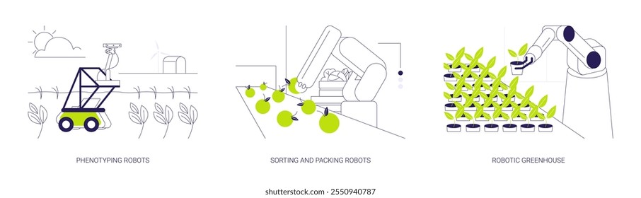 Conjunto de ilustração de vetor de conceito abstrato de automação agrícola. Máquina de fenotipagem autônoma, desenvolver novas variedades de culturas, robô de triagem e embalagem, metáfora abstrata do sistema de estufa robótico.