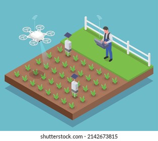 Composición isométrica de automatización agrícola con riego por drones, ilustración vectorial de campo