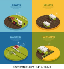 Agriculture Automation Smart Farming 2x2 Design Concept With Editable Text And Images Of Combine Harvester Machines Vector Illustration