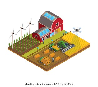 Agriculture automation smart farming composition with editable text and view of field cultivation with modern technologies and different up-to-date equipment vector illustration