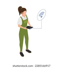 Agriculture automation smart farming isometric icon with female farmer using remote controller vector illustration