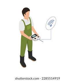 Agriculture automation smart farming isometric icon with farmer operating drone with remote controller 3d vector illustration