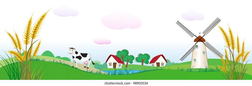 agriculture backdrop with houses, cow and wheat