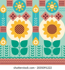 Agriculture background with abstract sunflowers. Sunflower pattern, ornament. Vegetable oil. Vector illustration, flat, geometric mosaic. Design for book, brochure, catalog, packaging, fabric, textile