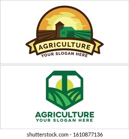 Agriculture Badge Logo Design With Land Field Farm Home Sun Ribbon Illustration Vector Suitable For Plantation Landscaping Business Company Nature Resort Garden Label Organic Food