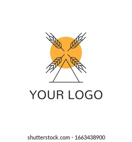 Agriculture badge logotype mill and wheat, icon isolated. Concept bread products. Flat outline minimalism. Vector illustration.