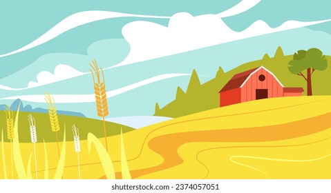 Agriculture Banner. Fields with Crops, Wheat Golden Ripe Spikelets. Farm Landscape in Flat Style. Summer Countryside Panorama View with Wheat Field.  Vector Illustrated.