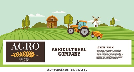 Agriculture banner or header design with copy space below a farming scene with tractor working in the fields and barn on the hilltop, colored vector illustration