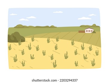 Agriculture Business, Farming And Tending For Crops. Harvesting Season In Rural Area Or Village, Countryside With Farmhouses And Sheds Or Barns. Vector In Flat Style