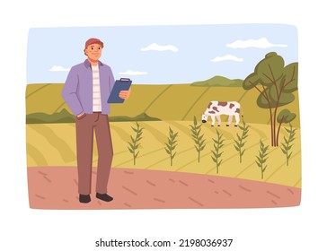 Agriculture business, man with checklist controlling and monitoring farm growth and production. Innovations on field. Vector in flat style, flat cartoon character