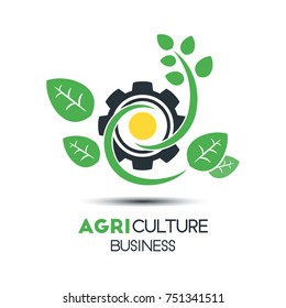 Agriculture Business Vector Logo Template. Green Leaf With The Sun and The Gear Vector Illustration. Eco-Friendly Design, Editable Content.