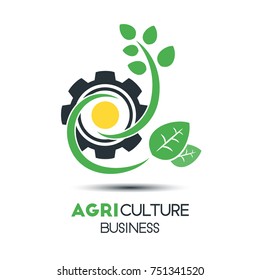 Agriculture Business Vector Logo Template. Green Leaf With Two Branch and The Sun and The Gear Vector Illustration. Eco-Friendly Design, Editable Content.