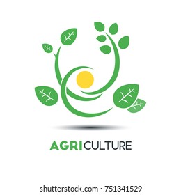 Agriculture Business Vector Logo Template. Green Leaf With Three Branch and The Sun Vector Illustration. Eco-Friendly Design, Editable Content.