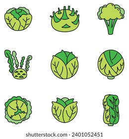 Agriculture cabbage icons set. Outline set of agriculture cabbage vector icons thin line color flat on white