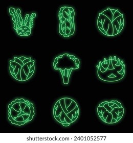 Agriculture cabbage icons set. Outline set of agriculture cabbage vector icons neon color on black