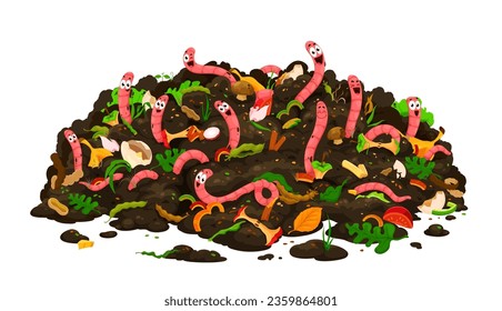 Agriculture cartoon farm compost worm characters in soil. Funny earthworm vector personages in garden compost pile with dirt, organic wastes of food, plants, vegetables, fruits and eggshell