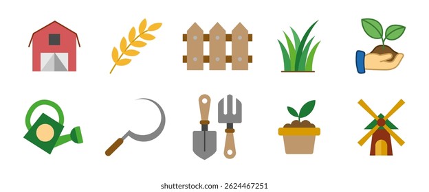 Agriculture cartoon icon set. Colored vector illustrations of farm tools, plants and growth. Farming and gardening symbols for agricultural apps, eco projects and rural development materials.