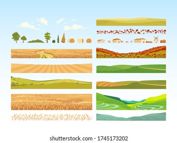 Agriculture cartoon vector objects set. Farmland constructor. Crop fields, wheat, poppies, trees and hills. Farming flat color illustrations collection. Village isolated pack on blue background