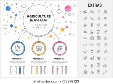 Agriculture circle infographic template, elements and icons. Infograph includes customizable bar charts, line icon set with agriculture food, farm animal, agricultural business, farming tools etc.