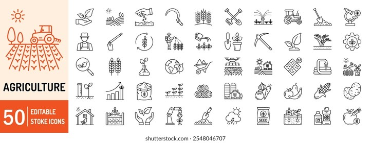 Conjunto de iconos web de contorno de trazo editable de colecciones de agricultura. Agricultura, planta, granja, tractor, fertilizante, campo, grano, agua, semilla y más… Ilustración vectorial