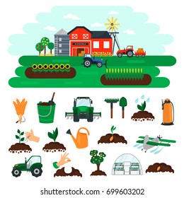 Agriculture color flat icons set. Farm color illustration for web and mobile design