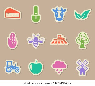 agriculture color vector icons on paper stickers