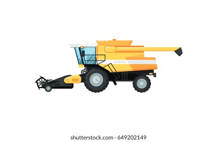 La agricultura combina la cosecha de la ilustración vectorial aislada. Maquinaria de equipamiento agrícola industrial rural, transporte comercial, vehículo agrícola de diseño plano