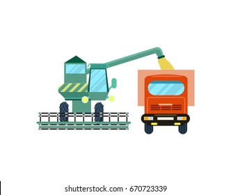 Agriculture combine harvester with tractor icon. Rural industrial farm equipment machinery, agricultural vehicle isolated vector illustration in flat design.