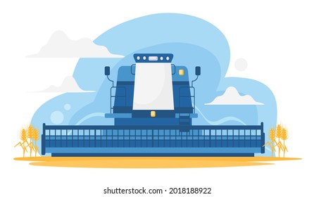 Agriculture combine machine in harvesting process, rural farmland cultivation vector illustration. Cartoon agricultural harvester working, cropping cereal field, farmer machinery at work background