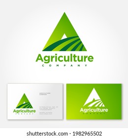 Agriculture company logo. A monogram. Triangle letter A and field symbol. Business card.