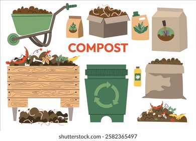 Agriculture and compost vector set. Organic composting theme. Garden tools, bag of compost, ground, food garbage. Illustration of bio, organic fertilizer, compost bin and box, agronomy.