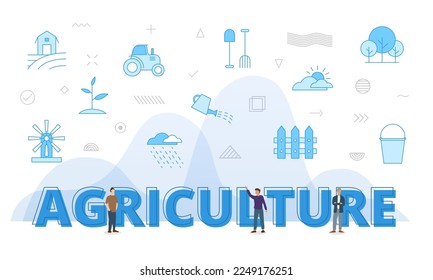 agriculture concept with big words and people surrounded by related icon with blue color style