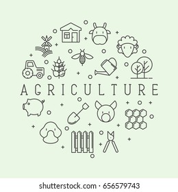 Agriculture concept with different animals, tools and symbols for eco products, farming flyers and banners. Thin line vector illustration.