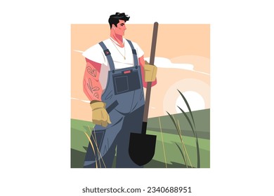 Agriculture Concept. Guy holding shovel in hands and standing in field in work clothes, vecto rillustration.