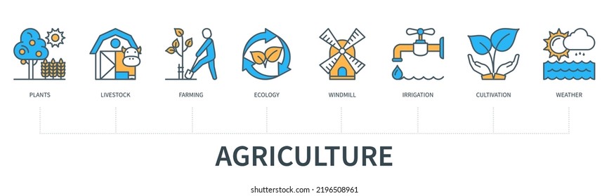 Agriculture concept with icons. Plants, livestock, farming, ecology, windmill, irrigation, cultivation, weather. Business banner. Web vector infographic in minimal flat line style