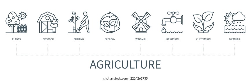 Landwirtschaftliches Konzept mit Symbolen. Pflanzen, Vieh, Landwirtschaft, Ökologie, Windmühle, Bewässerung, Anbau, Wetter. Geschäftsbanner. Web-Vektorgrafik in minimalem Umriss-Stil