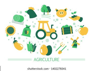 Agriculture concept. Idea of farm and village life. Organic harvest and domestic animal. Set of colorful icons. Isolated flat vector illustration