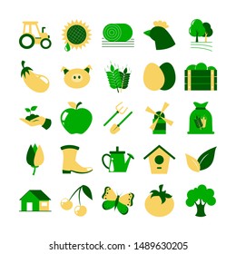 Agriculture concept. Idea of farm and village life. Organic harvest and domestic animal. Set of colorful icons. Isolated flat vector illustration