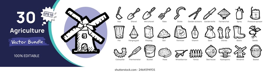Agriculture concept illustrations. Big Set of icon illustrations with doodle style. Flat design. All elements are isolated and easy to use