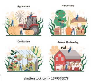 Konzept der Landwirtschaft festgelegt. Anbau und Erzeugung von Nahrungsmitteln in der Landwirtschaft. Dorfbäckerei ernten. Landseitige Tierhaltung. Einzige flache Abbildung