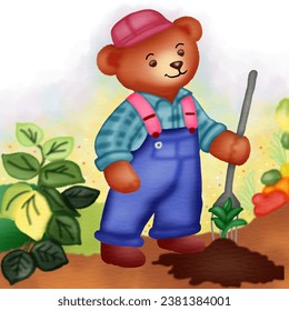 Agriculture concept. Teddy bear cartoon characters in work clothes. Planting cultivation in farm fields. Vector illustration