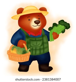 Agriculture concept. Teddy bear cartoon characters in work clothes. Pick up vegetables in farm fields for sale. Vector illustration.
