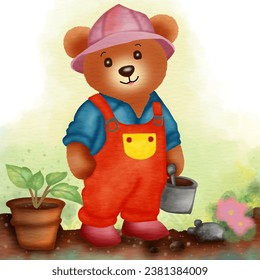 Agriculture concept. Teddy bear cartoon characters in work clothes. Plants cultivation and Watering garden. Vector illustration.