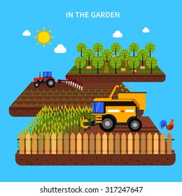 Agriculture concept with tractor harvest in the field flat vector illustration