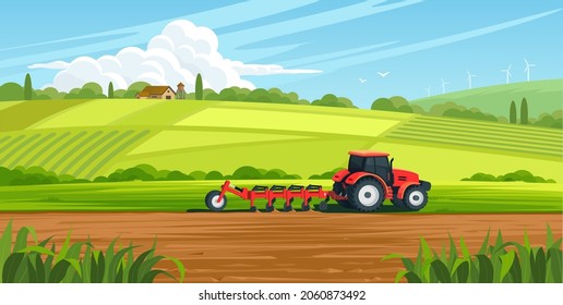 Agriculture concept. Tractor plowing the field on rural landscape background. Soil cultivation process. Farm life. Сountryside landscape. Farmland vector illustration.