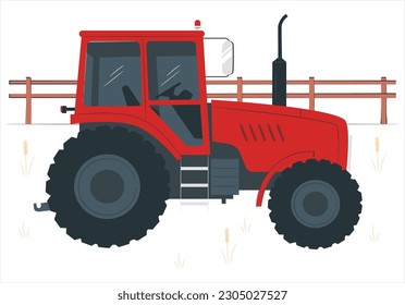 Concepto de agricultura. Tractor arando el campo sobre el fondo del paisaje rural. Proceso de cultivo del suelo. Vida de granja. С paisaje rural. Ilustración de vectores de tierras de cultivo.