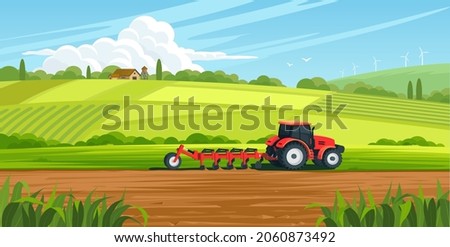 Agriculture concept. Tractor plowing the field on rural landscape background. Soil cultivation process. Farm life. Сountryside landscape. Farmland vector illustration.