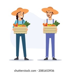 agriculture concept,set of happy farmer carrying their the product.Flat vector 2D cartoon character illustration.