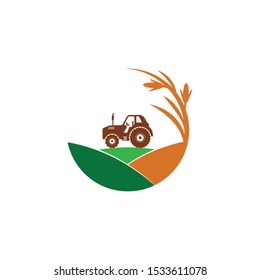 agriculture corn field farm industry vector logo design template with tractor in the middle of the hill